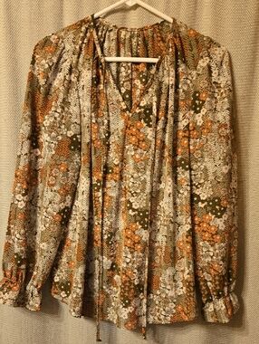Women's Floral Peasant Blouse in Olive and Orange